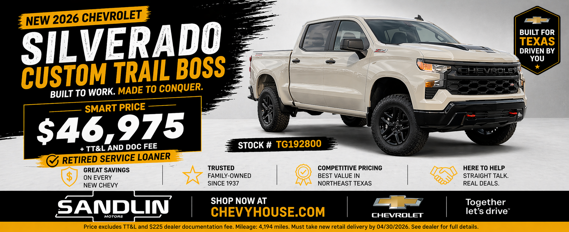 2026 Chevy Silverado Trail Boss from $46,975 offer